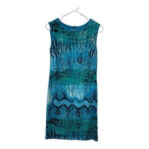Frank Lyman Designs Size 8 Blue Snakeskin Print Dress Shiny Clear Sequins
